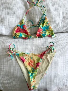 Tropical Floral String Bikini - Turquoise & Coral